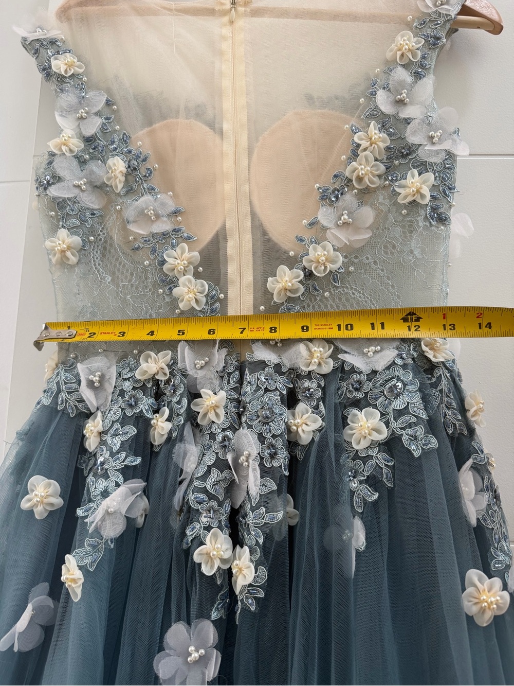 Prom/ Wedding ! Designer inspired Grey Tulle Maxi Dress with Floral Appliqué - Picture 11 of 14